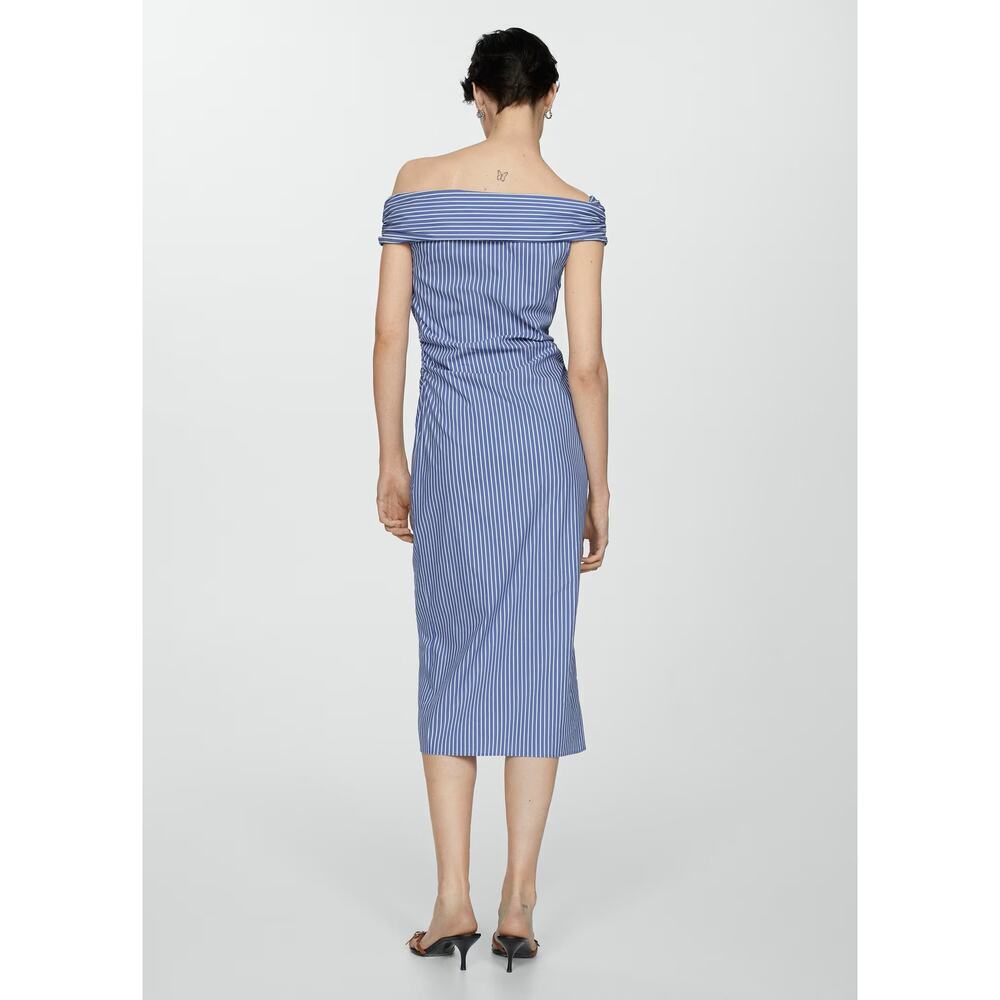 MANGO Blue White Striped Off Shoulder Midi Dress NWT Cotton Button Front - Picture 14 of 16